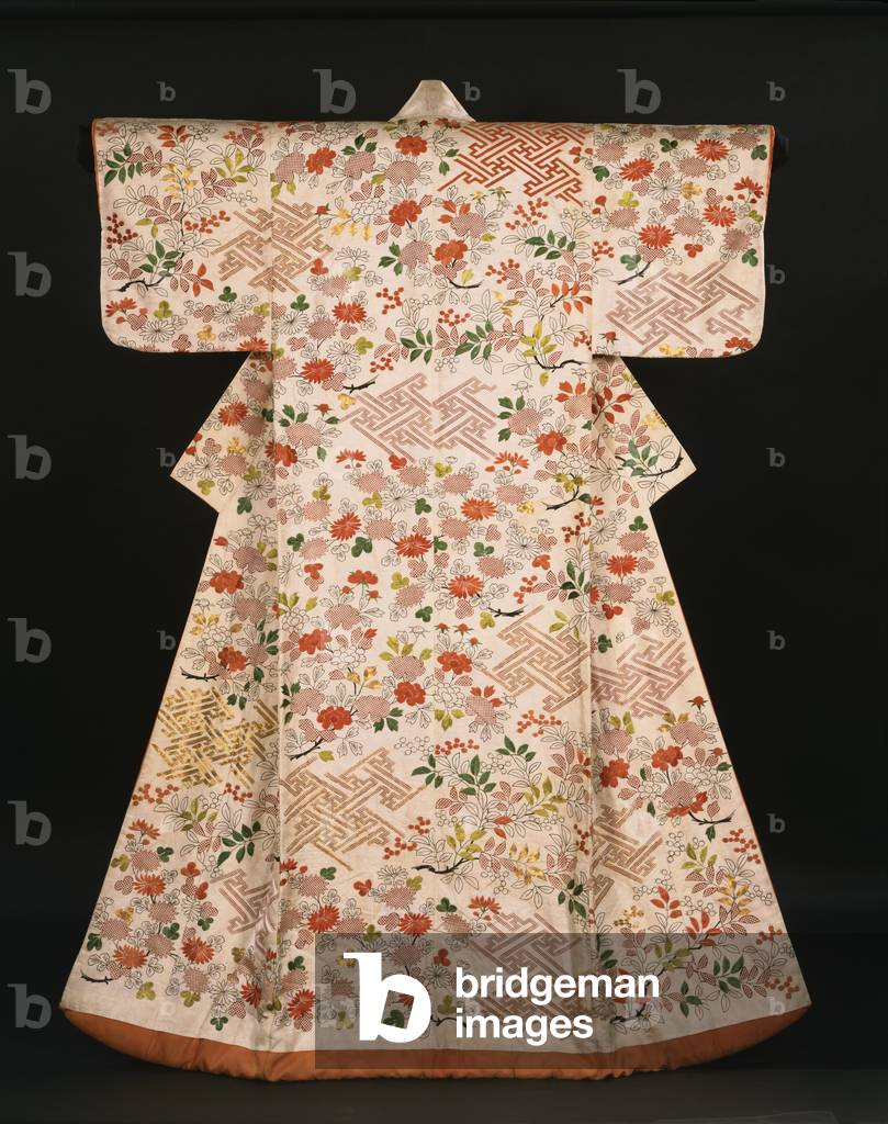 Woman's Kimono (Uchikake) Edo Period (silk satin with ink drawing, stenciled decoration & gilt thread)