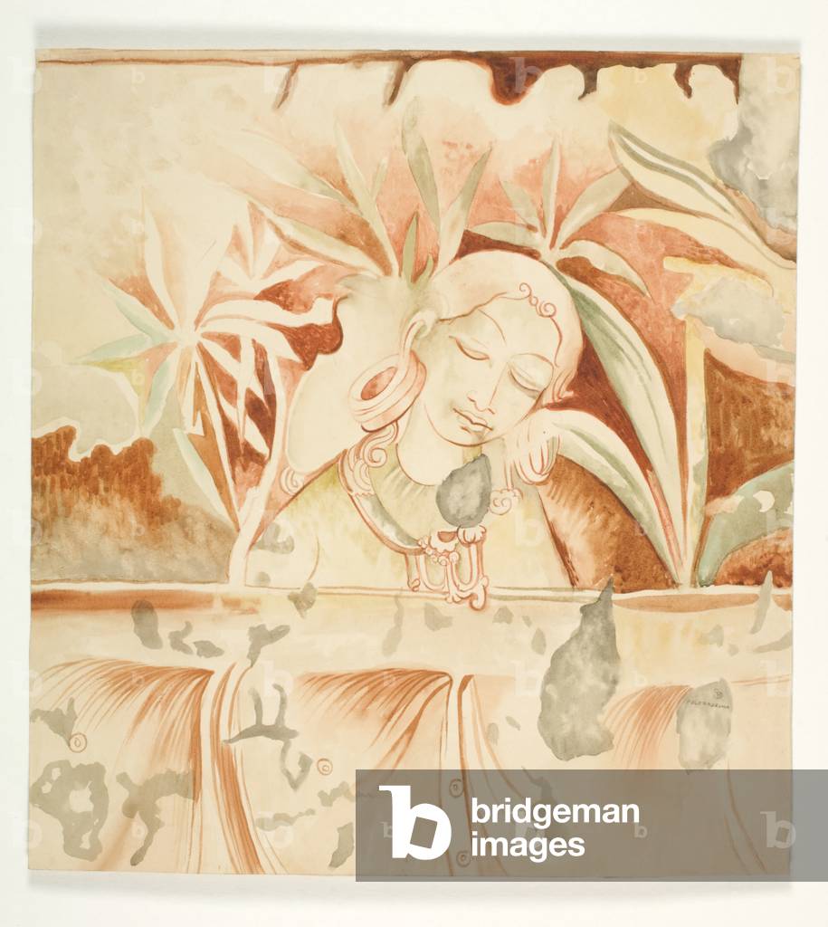 Polonnaruva (Woman among Trees), c.1935 (watercolour over coloured pencil on heavy wove paper, adhered to fabric)