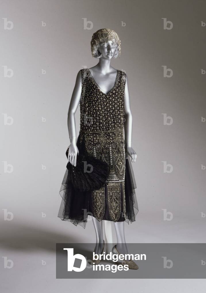 Woman's Evening Dress, 1925 (black silk tulle with silver & pearl beads)