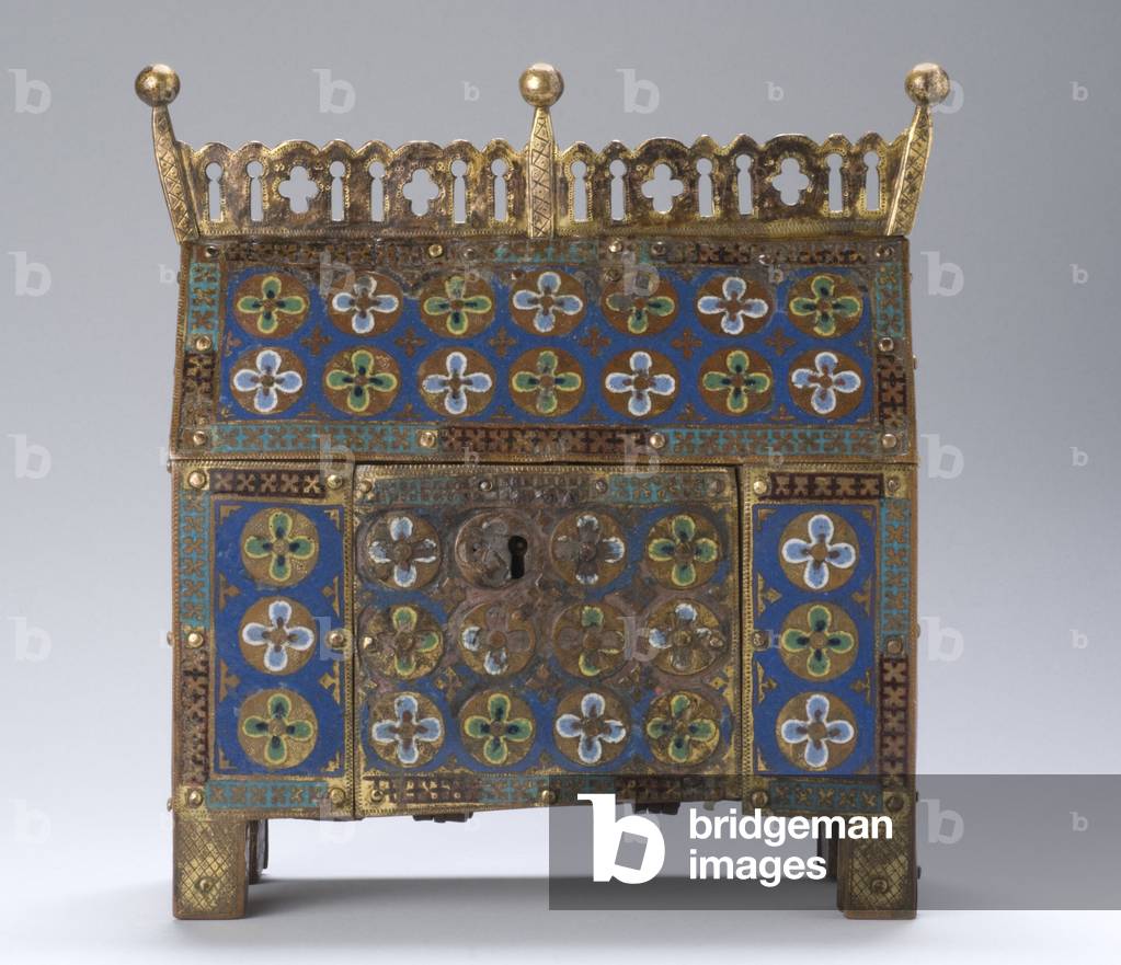 Reliquary, 1220-30 (gilded copper alloy with champlevé enamel inlay, painted wood & iron)