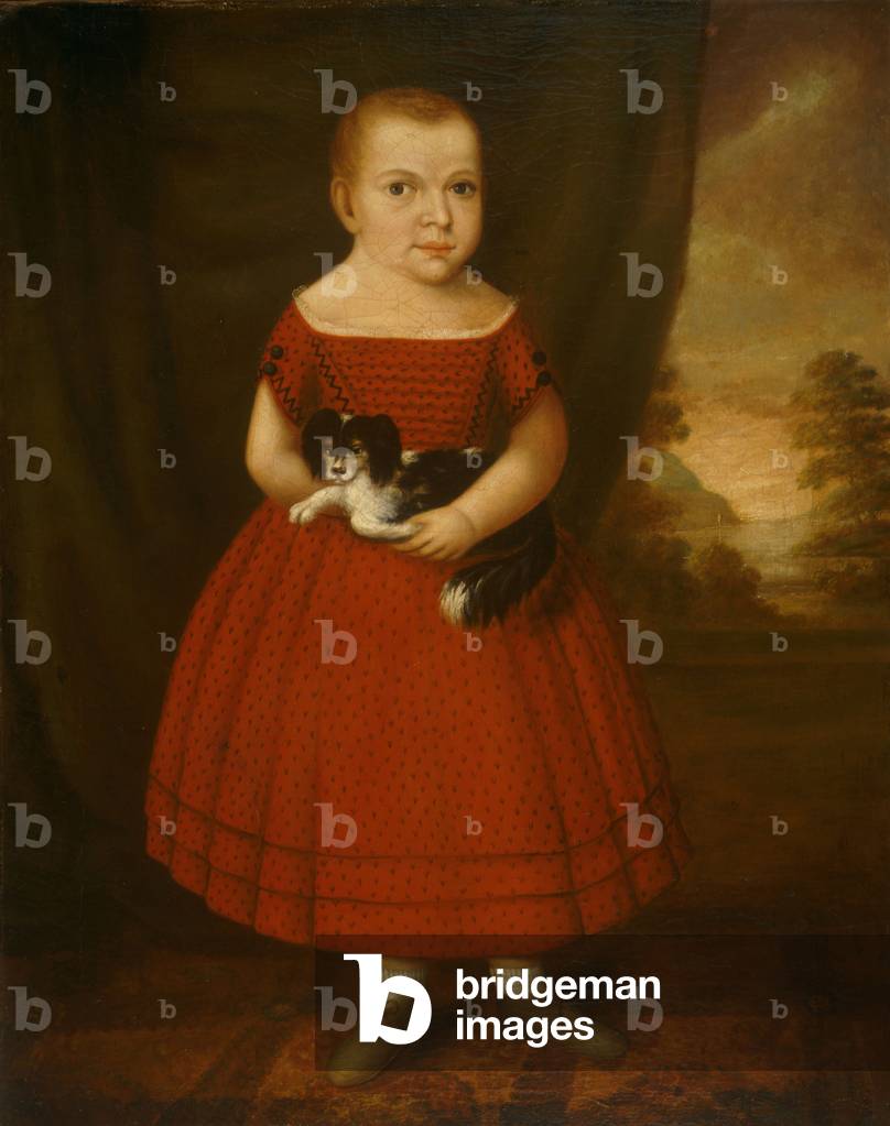 Portrait of a Child Holding a Dog (oil on canvas)