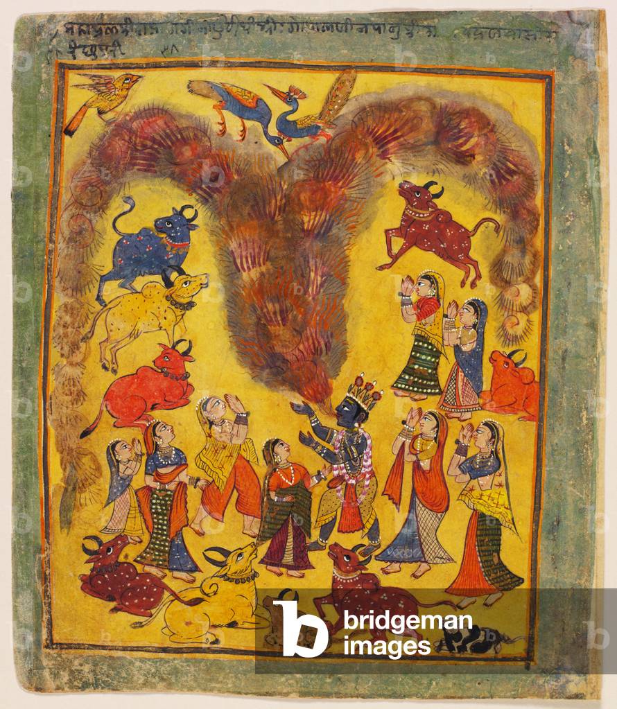 Krishna Swallows a Forest Fire and Saves the Villagers, illustration from a dispersed series of the 'Bhagavata Purana', c.1720 (w/c & gold on paper)