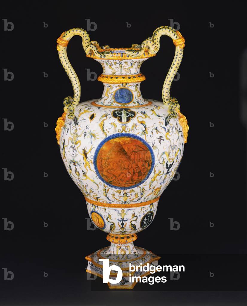 Vase with Biblical Scenes, including the Building of the Tower of Babel and the Scattering of the People, c.1560-71 (tin-glazed earthenware)