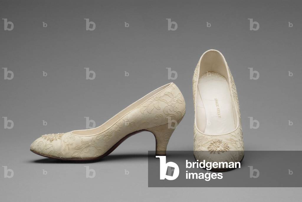 Grace Kelly's Wedding Shoes, 1956 (silk, needle lace, seed pearls, glass beads & leather)