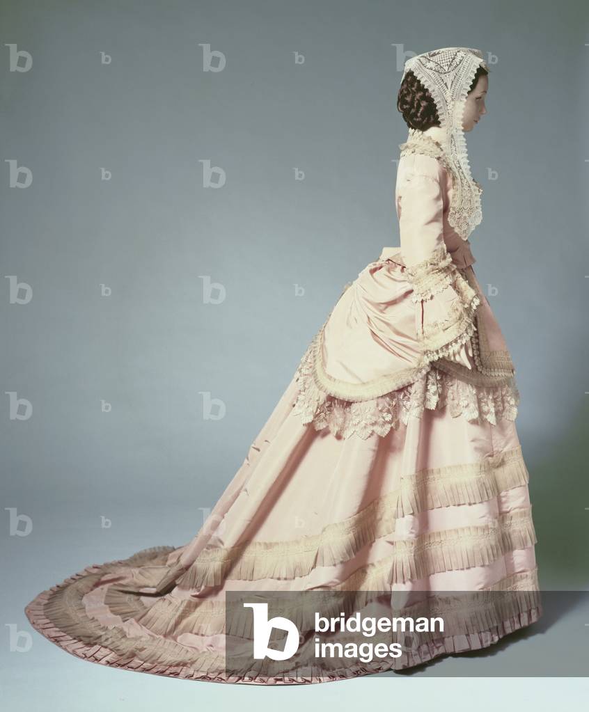 Dress: Skirt, Bodice and Paniers, Alexandrine Goujon, 1868 (pink ribbed silk trimmed with mousseline de soie pleating & lace)

