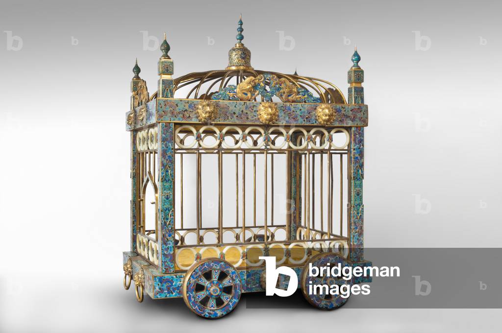 Dog Cage (Goulong), 1736-95 (brass with cloisonné enamel and gilt decoration; jade rings)