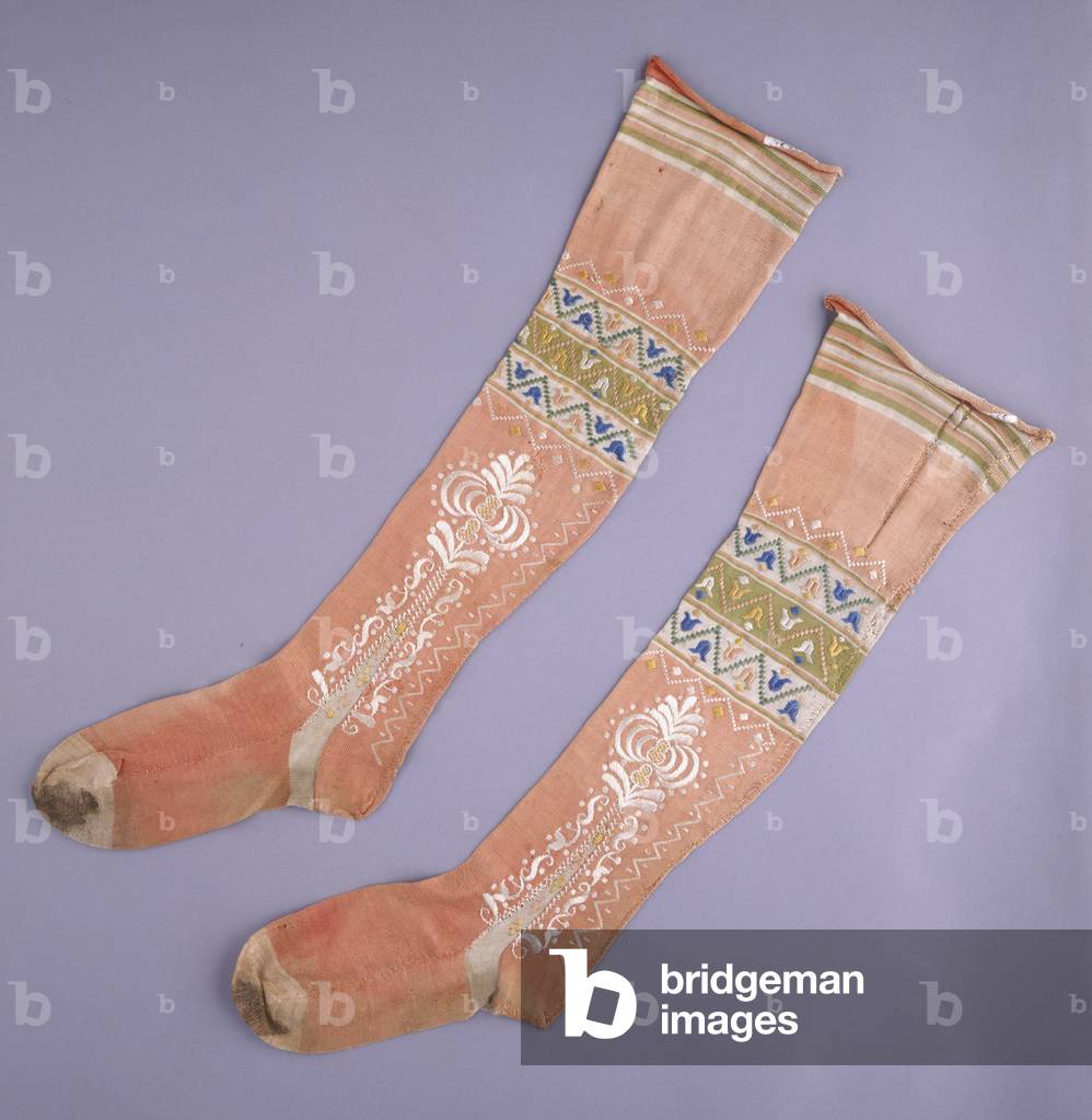 Woman's Stockings, c.1750 (machine-knit coral-pink silk with multicolored stripes with multicolored silk embroidery)


