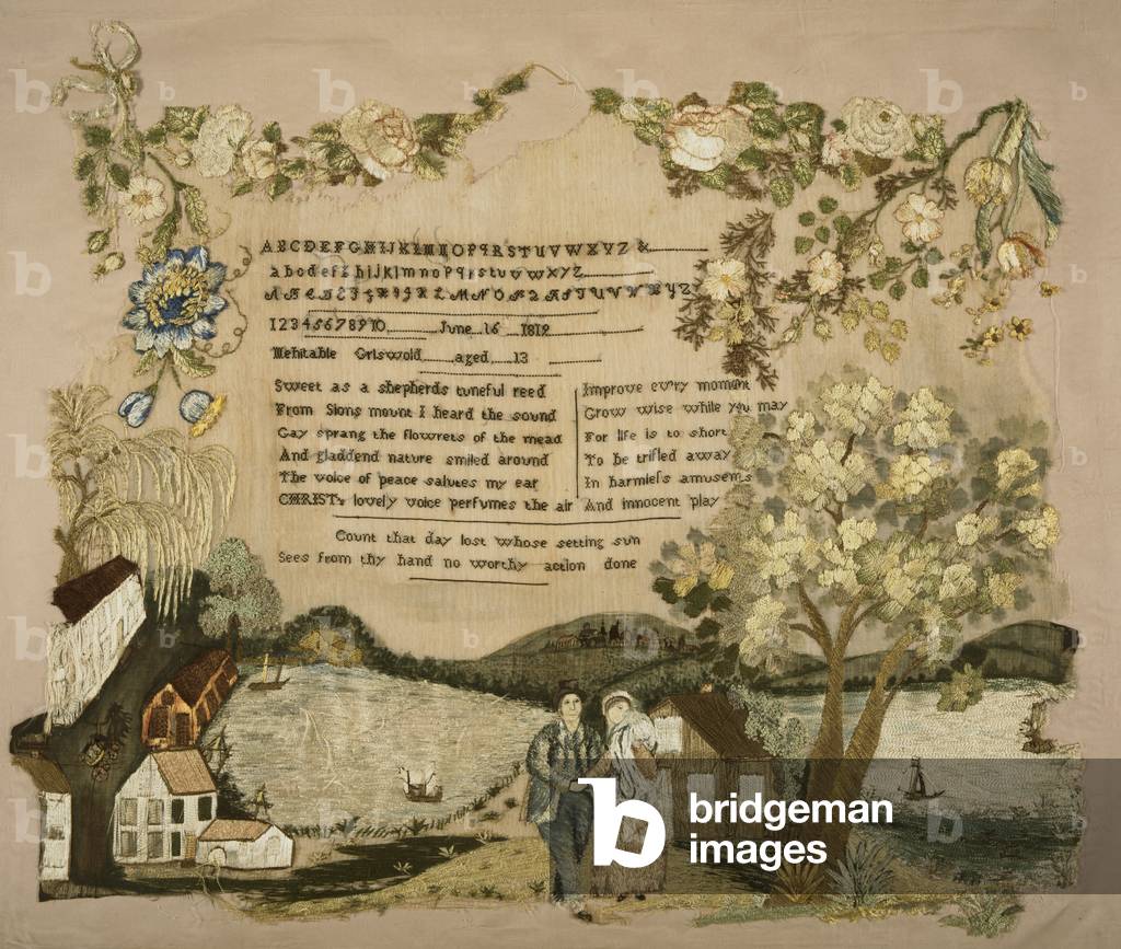 Sampler, 1819 (linen plain weave with gouache & silk embroidery)