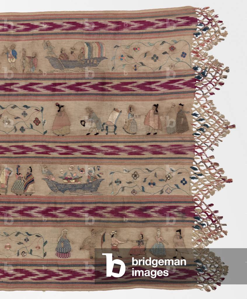 Shawl (Rebozo) (silk plain weave with resist dyeing & silk & gilt thread embroidery in darning, satin, & outline stitches; knotted fringe) (detail of 434326)
