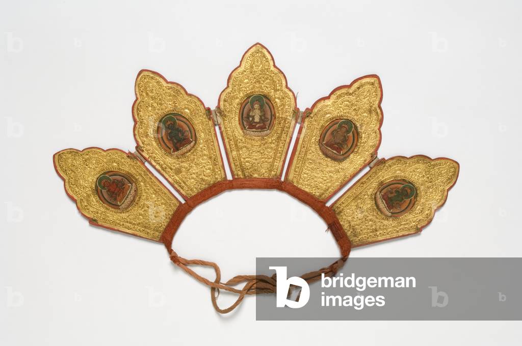 Diadem, made in Donkar monastery, Ling ma tang, Tibet, late 19th or early 20th century (opaque w/c & gold on cardboard with cloth)
