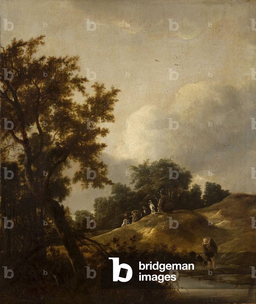 Landscape with Men and Dogs (oil on panel)