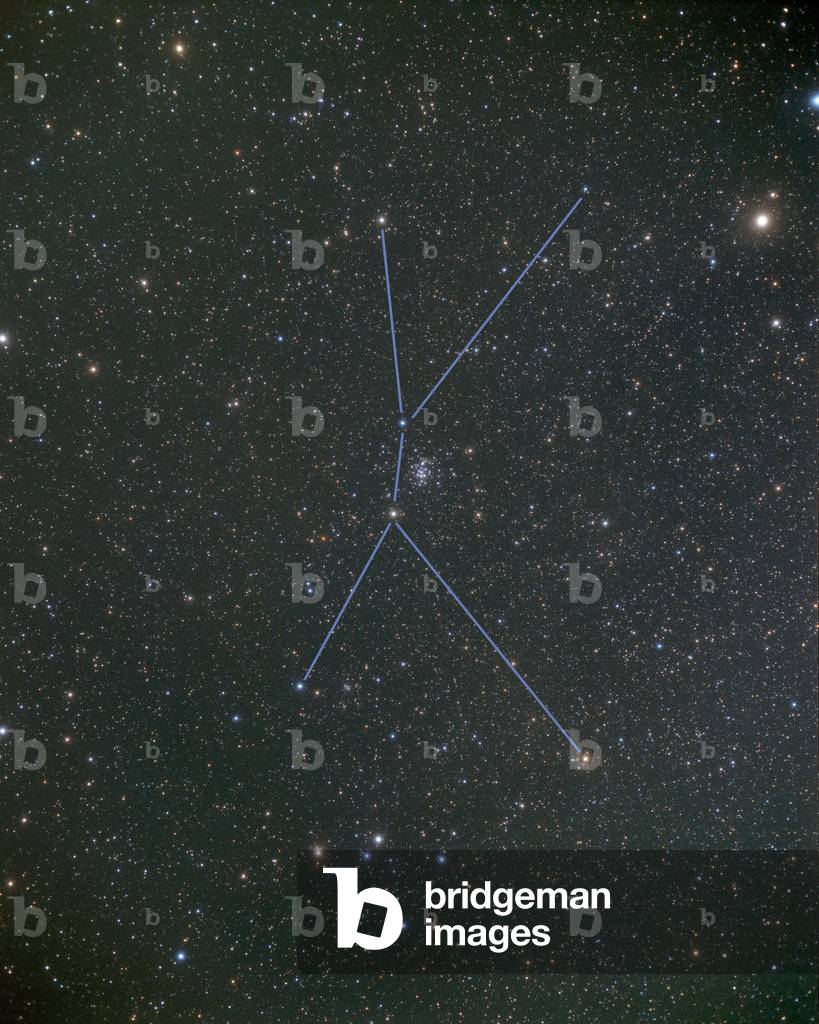 Constellation Cancer - Cancer constellation - At the top right, the star Pollux des Gemeaux. Cancer (the Crab) is a rather small constellation of 506 square degrees without any bright stars, however, the stick figure above strongly hints at a crab - like shape. The ecliptic runs through the middle of the main stars, which makes it one of the 12 zodiacal constellations. It is best seen in the early evening in March. The most obvious feature in the image above is the large open cluster Messier 44, also known as Praesepe, which appears to the unaided eye as a fuzzy patch. It is easly resolved into numerous faint stars in binoculars, hence its popular name, the Beehive cluster. Although inconspicuous, the constellation gave its name to the Tropic of Cancer. In ancient times Cancer was where the Sun appeared at its maximum mid - day elevation at the time of the (northern) summer solstice. Because of the precession of the equinoxes the northern summer solstice now occurs when the Sun is in Taurus. However, the Tropic of Cancer is still so names, and is the line of latitude around the northern hemisphere where the Sun is directly overhead at local noon on the day of the summer solstice