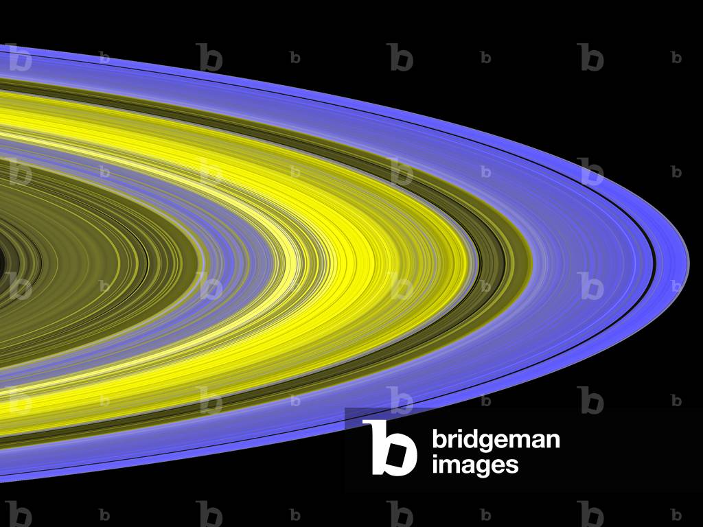 Saturn rings seen in ultraviolet by Cassini - Saturn's rings in utraviolet - Saturn rings seen in ultraviolet by the Cassini probe. The colours indicate a different distribution of the material within the rings. This false - color image of Saturn's main rings was made by combining data from multiple star occultations using the Cassini ultraviolet imaging spectrograph. During occultations, scientists observe the brightness of a star as the rings pass in front of the star. This provides a measurement of the amount of ring material between the spacecraft and the star. Cassini has given scientists the most detailed view yet of Saturn's densely packed B ring. Cassini found that this part of the rings is densely packed with clumps, called self - gravity wakes, separated by almost empty gaps. These clumps in Saturn's B ring are neatly organized and constantly colliding, which surprised scientists. The clumps in Saturn's B ring, 30 to 50 meters (100 to 160 feet) across, are too small to be seen directly. However, scientists can map the distribution, shape and orientation of the clumps. Colors in this image indicate the orientation of clumps, and brightness indicates the density of ring particles. The formation of wakes is strongest in the bluer regions, where ring particles clump together in tilted wakes. Particles in the central yellow regions are too densely packed for any starlight to pass through. The ultraviolet imaging spectrograph measured the flickering of the star Alpha Arae as it passed by the rings Nov. 9 and 10, 2006