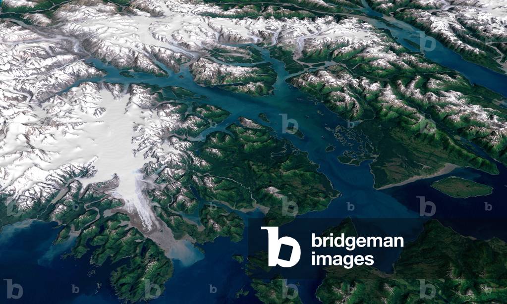 Glacier Bay, Alaska - Glacier Bay in Alaska - Glacier Bay from perspective. This image is the result of joint observations made by the Landsat-7 satellite in visible and infrared, combined with elevation radar data obtained by the Shuttle Radar Topography Mission (SRTM) in February 2000. At the bottom left of the picture, the Brady Glacier. Glacier Bay National Park and Preserve lies on the Pacific Coast of Alaska south of the St. Elias mountain range. The bay was set aside as a National Monument in 1925 and became its current National Park and Preserve in 1980, when approximately 85 percent of the park was designated a Wilderness Area. It has since been recognized as a UN Biosphere Reserve, in 1986, and a World Heritage Site, in 1992. The water in the foreground in the southwest (bottom left) corner of the image is the Gulf of Alaska, with Icy Strait running roughly west to east (horizontally) in from Cape Spencer where the strait meets the Pacific. The foreground glacier is the Brady Glacier. The light gray feature at the foot of the glacier is fine silt dropped by the glacier as it melts. The glacier's meltwater washes the silt into the Strait, coloring the shallow waters light blue as the silt mixes. The long finger of water dominating the entire scene is Glacier Bay itself. The Grand Pacific Glacier now terminates well above Tar Inlet, the finger of water stretching furthermost north (up) at the top of Glacier Bay. The first major inlet on the east (right) coming up from the mouth of Glacier Bay is Muir Inlet. The glaciers feeding into the bay terminated here around 1860. The body of water paralleling the Bay on the eastern edge is Lynn Canal, a body of water also draining into Icy Strait beyond the eastern boundary of the park. This image is a visualization created by merging imagery from the Landsat 7 satellite's Enhanced Thematic Mapper Plus (ETM +) instrument with elevation data from the USGS National Elevation Dataset (NED). This true - color imag