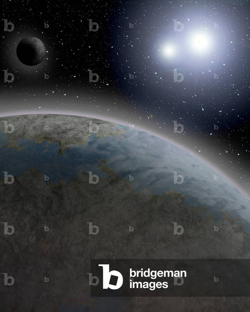 Artist's view of an exoplanet of an Earth type orbit around a double star. - Artwork of an earth - like extras