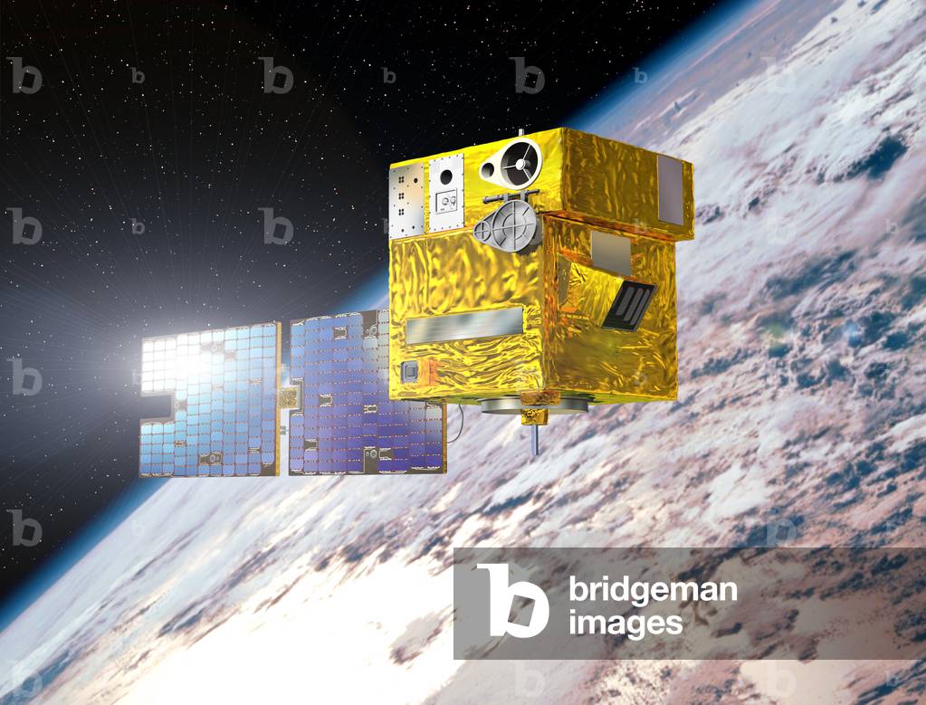 Satellite Picard - Artist's view of the Picard satellite in orbit around the Earth. This microsatellite should study the Sun and the links between the solar cycle and the Earth's climate. Satellite Picard seen above the Earth. This english microsatellite will study the Sun and the relations between the sun and the Earth's climate