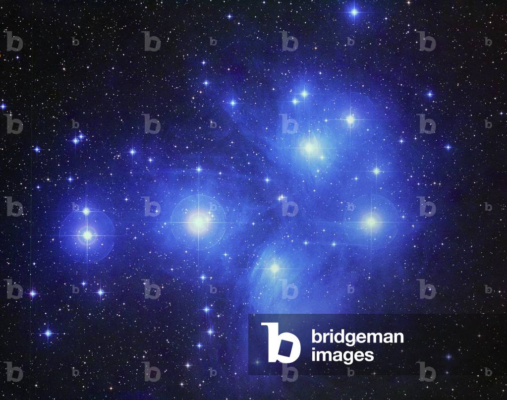Open Cluster of Pleiades - The Pleiades star cluster - The Pleiades cluster is a cluster of about 500 young stars nees 150 million years ago. Visible in the constellation Taurus, this cluster is 440 years from the Earth. The Pleiades are one of the finest and nearest examples of a reflection nebula associated with a cluster of young stars. The cluster itself is a group of many hundreds of stars about 400 light years from Earth in the northern constellation of Taurus and has been recognised since ancient times. Seven of the brightest stars are quite easy to see with the unaided eye and bear the names of the Seven Sisters, the daughters of Atlas. The nebulosity seen here is light reflected from the particles in a cloud of cold gas and dust into which the cluster has drifted. It appears blue because these tiny interstellar particles scatter blue light more efficiently than the longer wavelengths of red light and it is streaky because of the distribution of dust particles in space