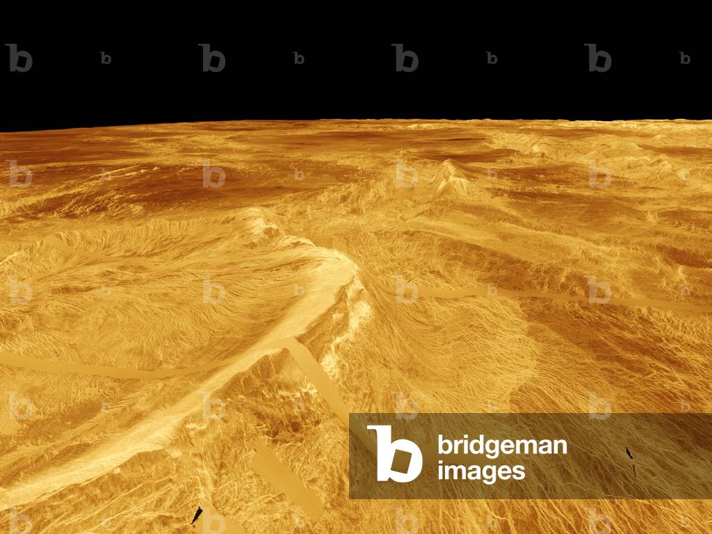 Venus seen by Magellan - Latona Corona, a circular area more than 1000 km in diameter, and has its right Dali Chasma. View obtained by the Magellan probe and processed by computer to generate a 3-dimensional view. The relief is exaggerated