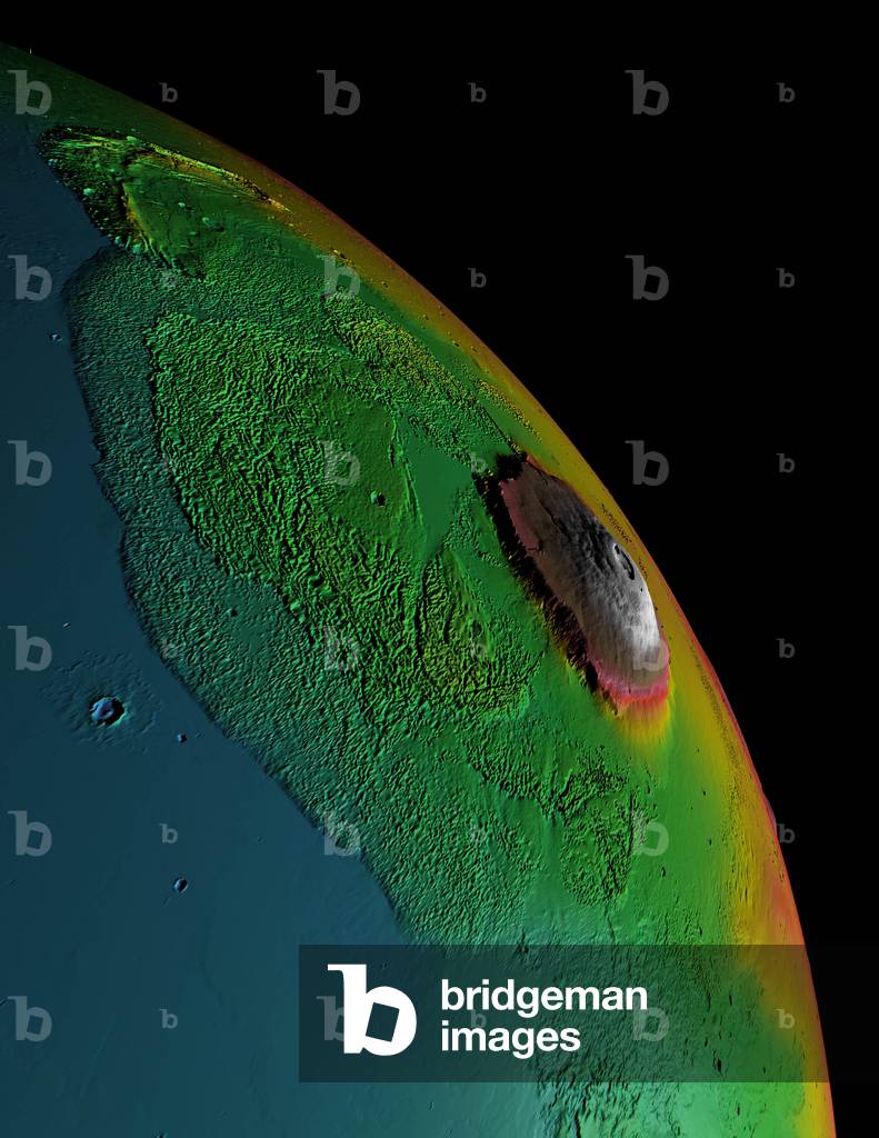 Mars - Olympus Mons Volcano - False colors - Altimetric data obtained by the Mars Global Surveyor probe in 2000. The Olympus Mons volcano is 600 km in diameter and 27 km high