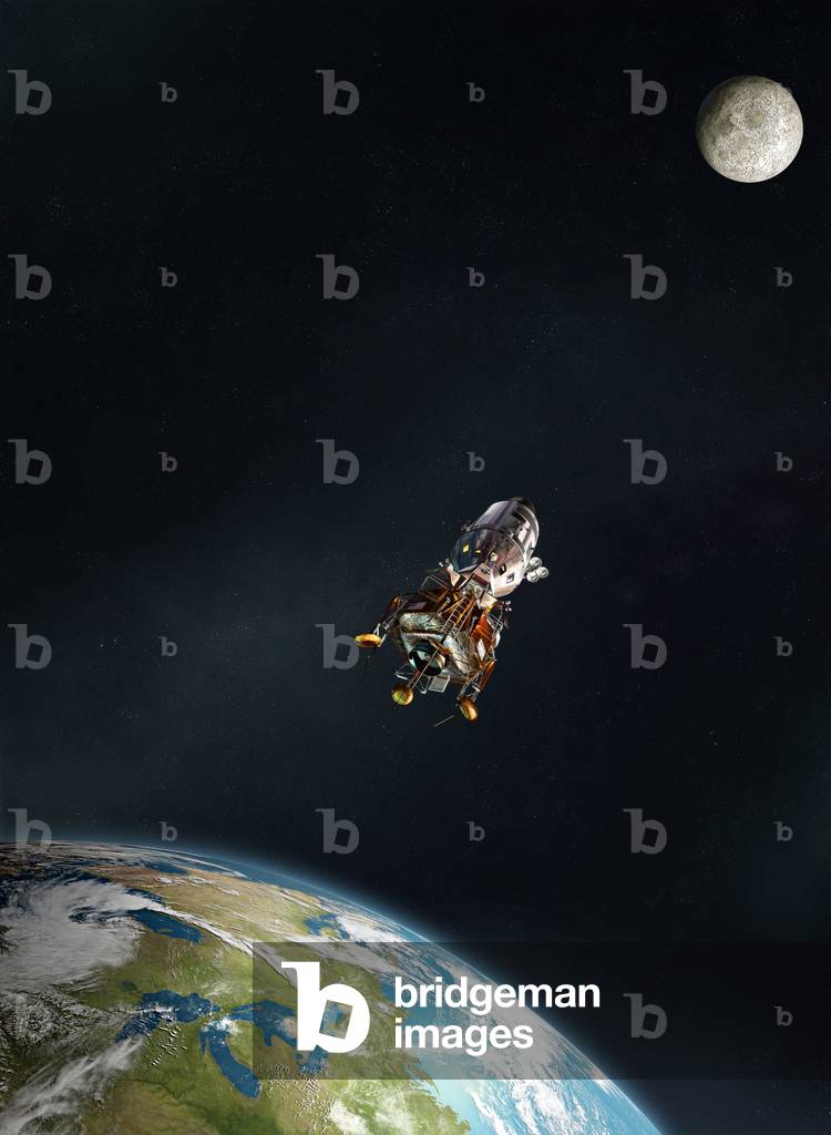 Missions Apollo - Artist view - Apollo program - Artist view - The LEM and the control module en route to the Moon. The Lunar Excursion Module attached to the Command and Service Module in their journey to the Moon