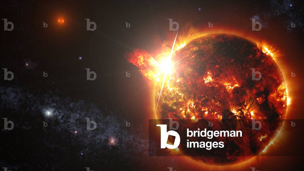 Artist's view of an eruptive star - Flare star - Artwork: DG Canum Venaticorum (DG CVN) is a binary star located in the constellation Hunting Dogs. On 23 April 2014, a powerful gamma eruption from this system was recorded by the Swift satellite. DG Canum Venaticorum (DG CVN) is a binary star system in the northern constellation of Canes Venatici. On 2014 April 23, 2014, a gamma-ray superflare event was observed by the Swift satellite coming from the position of this system. It may have been perhaps the most luminous such events ever observed coming from a red dwarf star