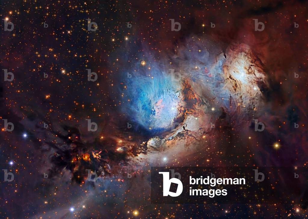 Nebula M78 in Orion - M78 nebula in Orion - The nebula M78 (NGC 2068) is located about 1300 years - light from Earth and extends over 4 years - light. Composite image obtained with different large telescopes. M78, (NGC2068) is part of the Orion complex, a large region of star - forming gas and dust centred around M42 and M43. It is the brightest diffuse reflection nebula in the sky. M78 is some 1600 light - years away and around 4 light - years across. Composite Image from Multiple Data Sources