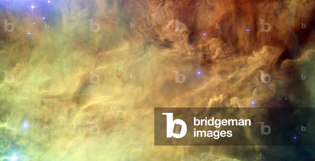 Centre de la nebula de la Lagoon (M8) dans le Sagittarius - In the heart of the Lagoon Nebula - Centre de la nebula de la Lagoon (M8) vue par le telescope Hubble (HST). This close - up shot of the centre of the Lagoon Nebula (Messier 8) clearly shows the delicate structures formed when the powerful radiation of young stars interacts with the hydrogen cloud they formed from. This image was created from exposures taken with the Wide Field Channel of the Advanced Camera for Surveys on Hubble. Light from glowing hydrogen (through the F658N filter) is coloured red. Light from ionised nitrogen (through the F660N filter) is coloured green and light through a yellow filter (F550M) is coloured blue. The exposure times through each filter are 1560 s, 1600 s and 400 s respectively. The blue - white flare at the upper - left of the image is scattered light from a bright star just outside the field of view. The field of view is about 3.3 by 1.7 arcminutes