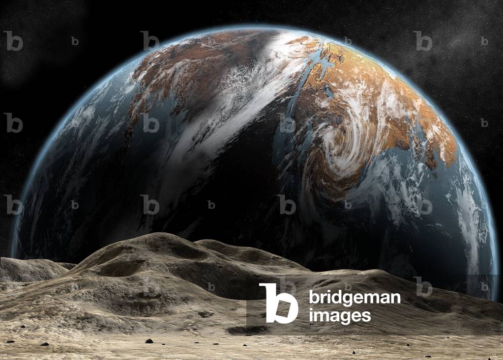 Mars with water - Artist's view - Mars with ocean - Artwork - View of Mars at the time she had an ocean. In the foreground, a passing asteroid. Mars as it may have appeared from a passing asteroid during a warmer wetter period in its past