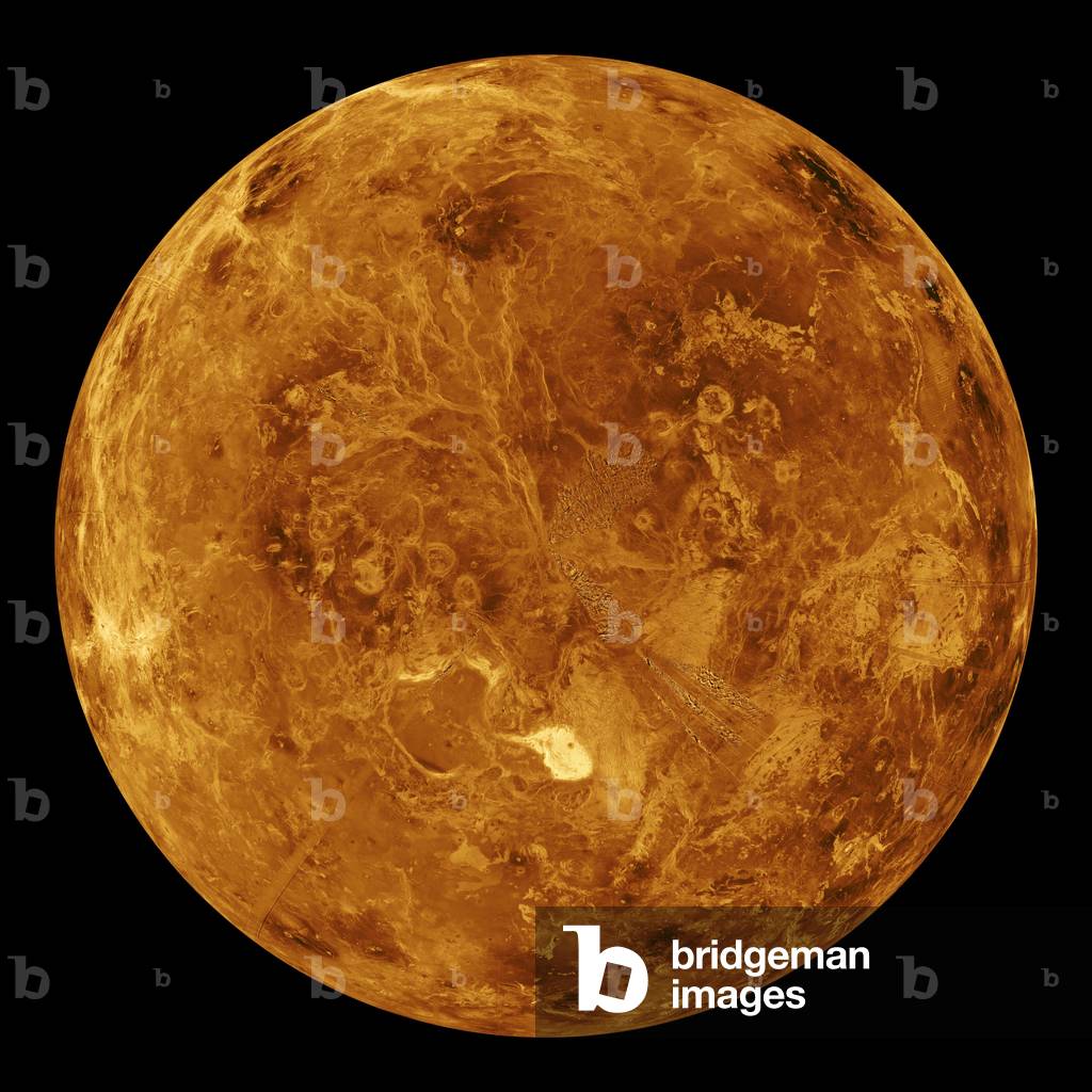 Venus radar view centred on the north pole - Global view of the planet obtained from radar data transmitted by the Magellan probes (98% of the data), Pioneer Venus, Venera, and the Arecibo Observatory