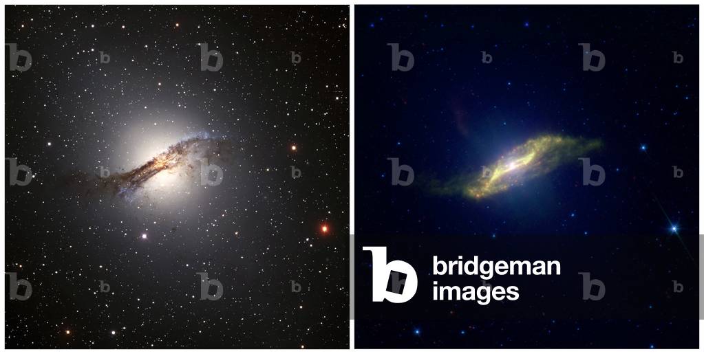 Galaxy Centaurus A (NGC 5128) in visible and infrared - Galaxy Centaurus A in visible and infrared - The galaxy NGC 5128 is about 13 million years away - light from Earth. This an elliptical galaxy that cannibalized a small spiral galaxy. The infrared image, on the right, reveals the complex structure of the central dust strip. Images obtained on the left by Cerro Tololo's 4m telescope and on the right by the Spitzer space telescope. Centaurus A (NGC 5128) is the nearest active galaxy to Earth. Located 13 million light - years away in the southern constellation Centaurus, 'Cen A' appears to be the result of a merger - collision between a large elliptical galaxy (which has a black hole at its center) and a smaller spiral galaxy that veered too close to the larger one, resulting in the cannabalization of the small galaxy. The visible image (left) from the National Science Foundation's Blanco 4 - meter telescope at Cerro Tololo Inter - American Observatory in Chile is dominated by a bright halo of light caused by the stars in the galaxy. Many of these stars are hidden by the dense band of dust that blocks our view of their light. Infrared light is not so readily obscured by dust as visible light, so the infrared image (right) from instruments on the NASA - JPL Spitzer Space Telescope reveals the complex structure of the dust lane, and the stars and gas embedded within it