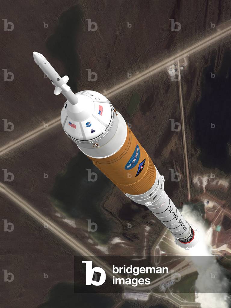 Back to the Moon: the Ares 1 rocket - Artist view - Ares 1 rocket - Artist view - Lunar program Constellation. The Ares 1 rocket carrying the module lives Orion. American project to return man to the Moon. The Ares 1 rocket is expected to take a crew to the space station in 2014 and then to the Moon in 2020. Artist's view. Ares rockets, named for the Greek god associated with Mars, will return humans to the moon and later take them to Mars and other destinations. Ares I is an inline, two-stage rocket configuration topped by the Orion crew vehicle and its launch abort system. Ares I may also deliver resources and supplies to the International Space Station (ISS), or to “” park”” payloads in orbit for retrieval by other spacecraft bound for the moon or other destinations