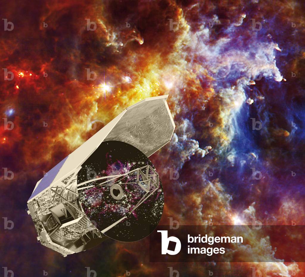 Satellite Herschel - Illustration - Artist's view of the European satellite Herschel. The Herschel Space Observatory, launched in 2009, studies the formation of galaxies, stars and planetary systems in the infrared. This satellite measures nearly 7 metres high by 4.3 metres wide and weighs 3.25 tonnes. Its telescope has a 3.5-meter mirror, making it the largest mirror ever made for a scientific space mission. Herschel is in orbit around Lagrange 2, approximately 1.5 million kilometres from Earth. ESA's Herschel Space Observatory (formerly called Far Infrared and Submillimetre Telescope or FIRST) studies the mystery of how stars and galaxies were born. Objects such as other planetary systems, or processes like the birth of galaxies in the early universe, can best be studied with infrared space telescopes in space. This is the reason for Esa's Herschel. ESA's Herschel Space Observatory is bigger and better than any of its predecessors. Moreover, it observes at wavelengths never covered before. It is located 1.5 million kilometers away from Earth, farther than any previous space telescope. Launched in 2009, Herschel is one the Cornerstone missions ESA's Horizons 2000 programme. Herschel is a key project space astronomy in the next millennium