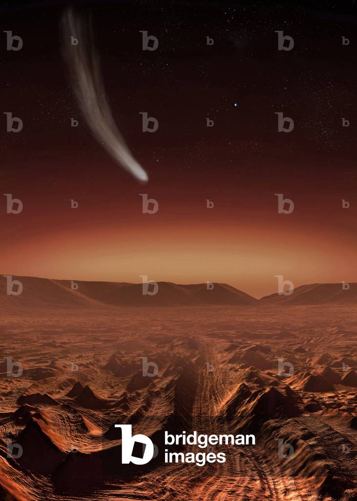 A comet seen in the sky of the planet Mars - illustration - Comet Over Candor on Mars - Illustration - A comet passes over Candor Chasma, one of the canyons of Valles Marineris. In the sky, the bright spot is the planet Earth. A comet lights up the Martian predawn over the twisted landscape of Candor Chasma. The distant mountains are several kilometers high. The planet Earth shines as a bright blue star in the sky
