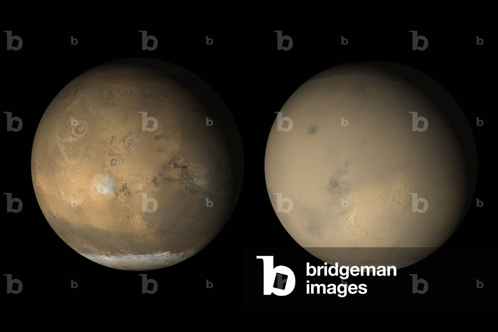 Mars - Dust Tempete - These two images show the same view of Mars before and during a dust storm. Images obtained by the Mars Global Surveyor probe on 10 June 2001 on the left and on 31 July 2001 on the right