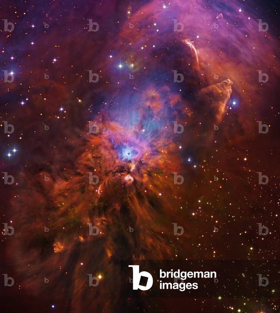 Nebula NGC 1999 in Orion - NGC 1999 is a nebula located near the great Orion nebula 1500 years - light from Earth. It is a reflexion nebula illuminated by the star V380 Orionis. Image composite. NGC 1999, a reflection nebula illuminated by V380 Orionis, is located close to the famous Orion Nebula, about 1500 light - years from Earth. Image Composite