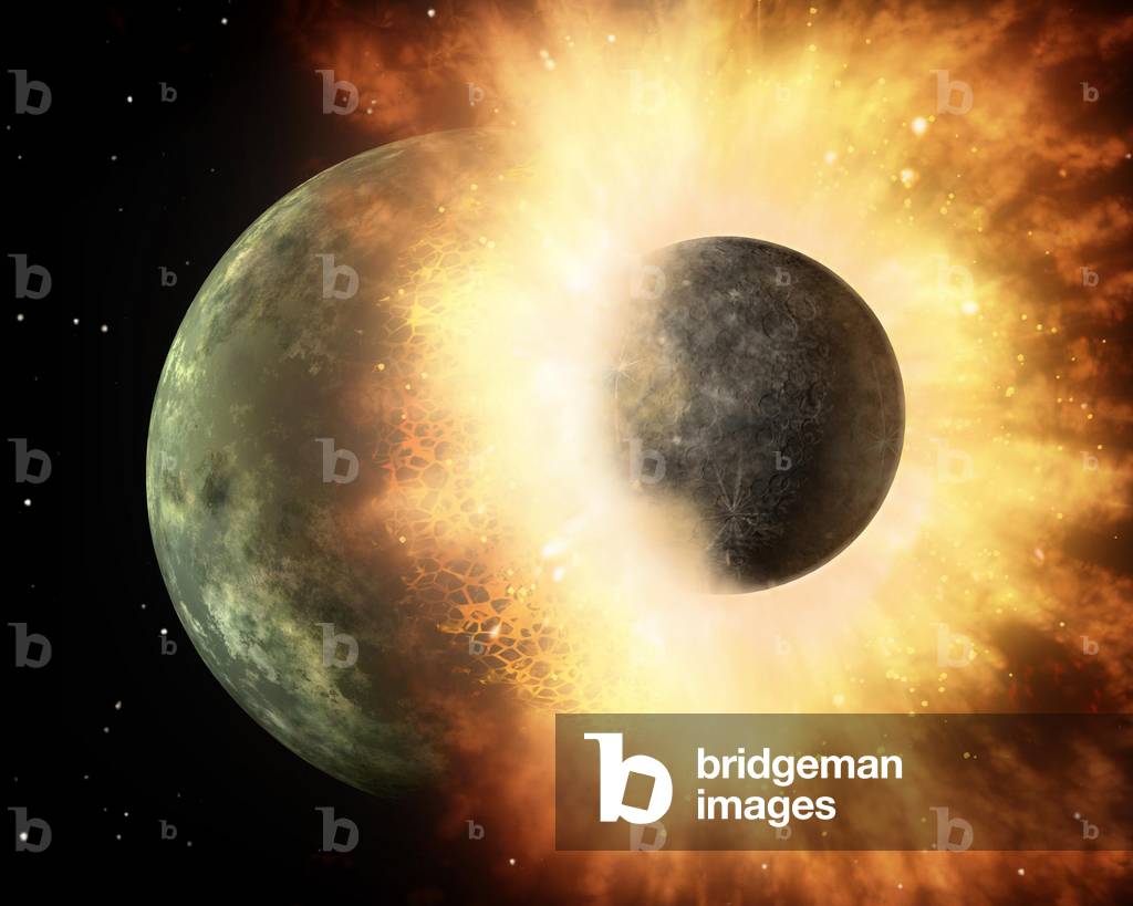 Un asteroide percute une planete - Vue d'artiste - Asteroid impact - Artist view - This artist's concept shows a celestial body about the size of our moon slamming at great speed into a body the size of Mercury