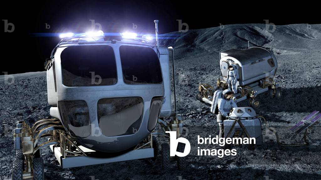 Back to the Moon - Program constellation - Astronauts and Lunar vehicles - Constellation program - View of an artist of astronauts exploring the surface of the Moon with two pressurized vehicles (Lunar Electric Rovers), as part of the Nasa constellation program that is expected to take men to the Moon around 2020. Crew members, attired in suits designed to protect them from the rigors of the environment, traverse the lunar surface along with two Lunar Electric Rovers (Lers) in this art work depicting return to the moon activities. A Portable Utility Pallet or PUP is also depicted