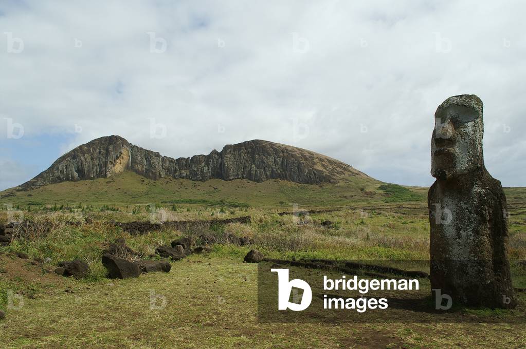 Rano Raraku and Moai volcano of Easter Island - Rano Raraku and Moai on Easter island - Rano Raraku volcano seen from Tongariki. Volcano Rano Raraku seen from Tongariki