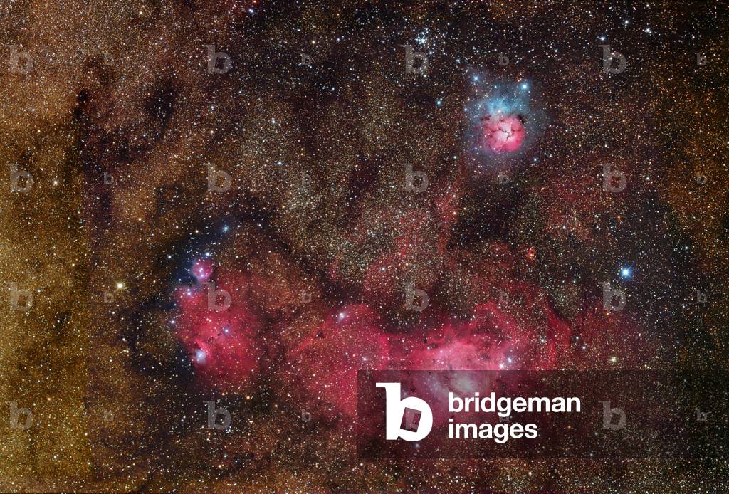 Nebulae M20 - M8 and NGC 6559 in Sagittarius - Nebulae M20 - M8 and NGC 6559 in Sagittarius - View of nebulae of the Lagoon (M - 8/ngc 6523), bottom, Trifide (M20), top, and NGC 6559 (left). Located in Sagittarius, these nebulae are about 5000 light years away from Earth. Composite image, 5 h pose combined with a 3 h pose in H - Alpha