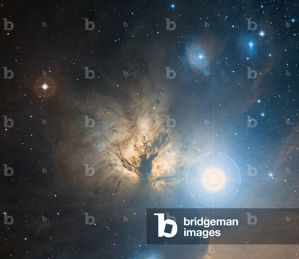 Star Alnitak and nebula NGC 2024 in the constellation Orion - Star Alnitak (Zeta Orionis) and nebula NGC 2024 in the constellation Orion about 1500 years - light from Earth. Image based on data obtained with the Oschin telescope of Mount Palomar