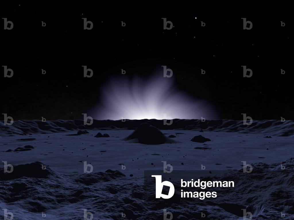 Sunrise over Mercury - Artist view - Sunrise over Mercury - Artist view - On Mercury, the solar crown announces for several Earth days the sunrise. In the crepuscular sky, the Earth is represented accompanied by a few stars of the constellation Scorpio. A ghostly coronal light reveals Mercury's rugged and inhospitable surface. High up in the dark sky the bright object at the two o'clock position is the Earth, which is in full - phase due to it being almost behind the Sun in relation to Mercury. The three points of light beneath the Earth are the stars Graffias, Dshubba, and Pi Scorpii in the constellation Scorpius. A visit to Mercury would not be without its aesthetic pleasures. Given Mercury's proximity to the Sun and its lack of atmosphere, just before sunrise and sunset a visitor would be treated to a front row seat to the Sun's dazzling corona. Mercury's leisurely rotation rate* would permit the corona to be observed for as long as several Earth weeks before being either upstaged by the brilliance of the Sun or disappearing below the horizon.* Mercury's period of rotation is 59 Earth days, however this rotation rate combined with Mercury's brisk orbit around the Sun, results in 88 Earth days between sunrise and sunset