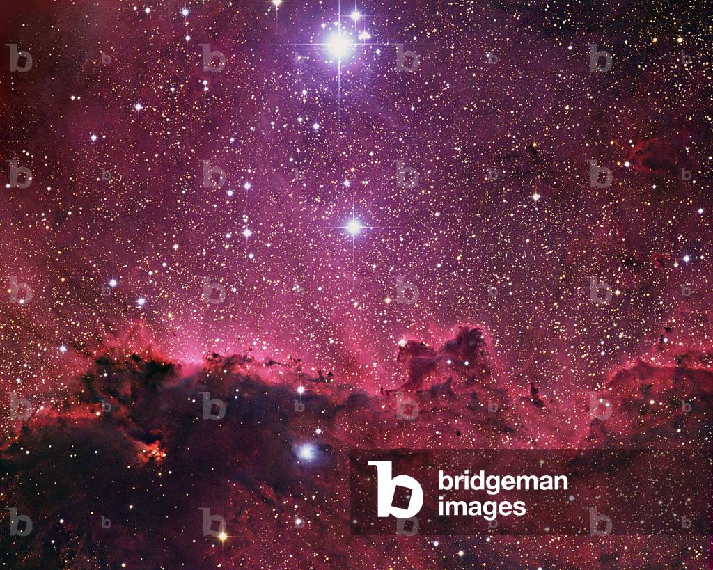 Nebula NGC 6188 in the Altar - The NGC 6188 nebula and NGC 6193 in Ara - Nebula NGC 6188 is located about 4000 years from Earth. It is home to a cluster of young stars NGC 6193, formed three million years ago. Image obtained by Siding Spring's 3.9m telescope. Here we see two bright stars whose radiant energy is beating down on to the surface of a dark cloud, very similar to the Horsehead in Orion. The cloud itself is opaque and because of that, very cold inside. These conditions are ideal for the formation of organic molecules on the surfaces of the chilled dust particles. The opacity of the cloud protects the fragile molecules within from the energetic radiation of nearby stars, but as its surface is gradually warmed and eroded, the delicate organic molecules are destroyed and the hydrogen released glows as a distinctive red emission nebula