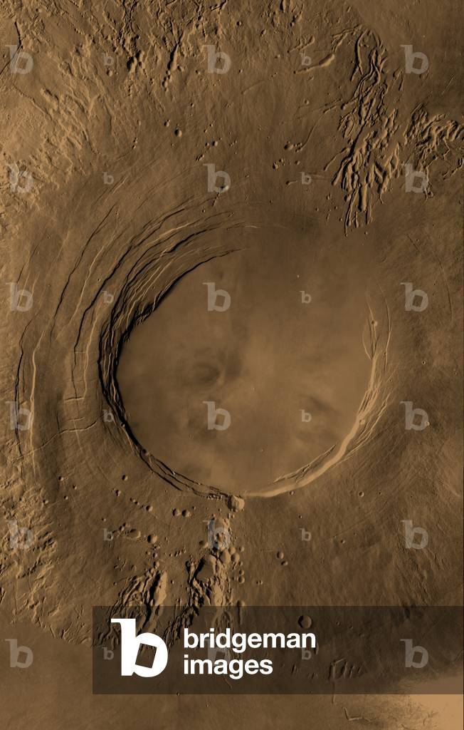 Volcano Arsia Mons - Arsia Mons volcano. - Arsia Mons is one of the largest known volcanoes. It stands more than 9 km above the surrounding plains and its caldera extends for 110 km. Mosaic of infrared images obtained by the Mars Odyssey probe. Arsia Mons is the southernmost of the Tharsis volcanoes. It is 270 miles in diameter, almost 12 miles high, and the summit caldera is 72 miles wide. For comparison, the largest volcano on Earth is Mauna Loa. From its base on the sea floor, Mauna Loa measures only 6.3 miles high and 75 miles in diameter. The image here is a mosaic of several daytime IR images taken by the Mars Odyssey spacecraft