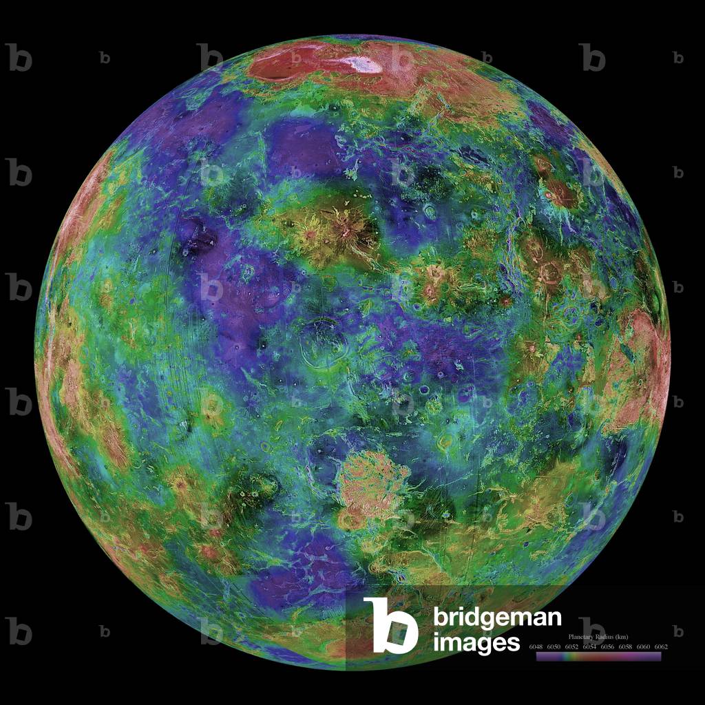 Venus radar view centred on 0 degrees east longitude - Global view of the planet obtained from radar data transmitted by Magellan probes (98% of the data), Pioneer Venus, Venera, and the Arecibo Observatory. The color code used corresponds to the elevation