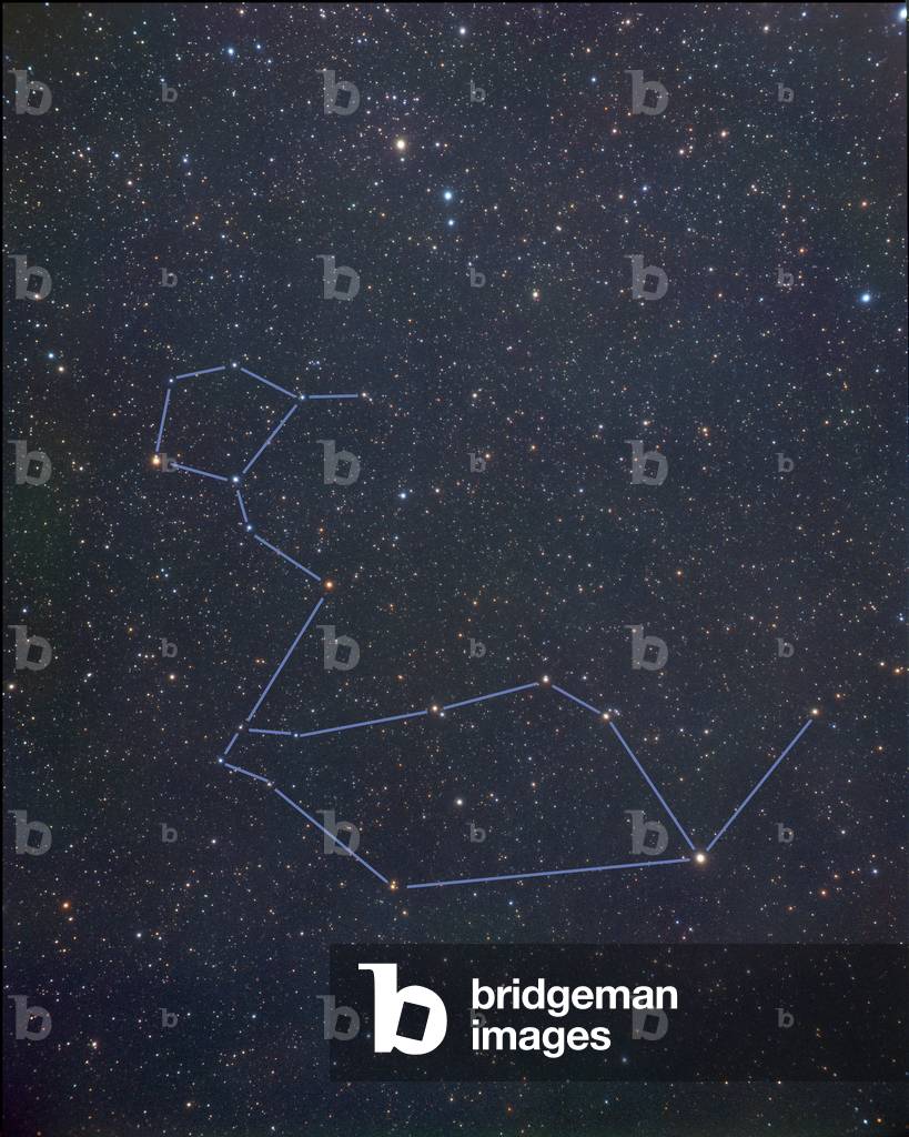 Whale Constellation - Constellation of Cetus - Also visible, the constellation Belier at the top of the picture. Cetus (the Whale or Sea Monster) is an ancient constellation in the northern sky depicting a whale - like creature basking on the shores of the fabled stream Eridanus, which flows from the celestial equator far into the southern sky. Cetus is extensive but not very distinctive, containing few bright stars. However, some of the stars are exceptionally interesting, particlarly Mira the wonderful, the prototype variable star, whose variability was first noted 400 years ago. The constellation of Aries is visible at the top of the image