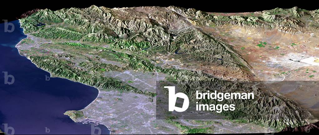 Los Angeles and the San Andreas Fault - Perspective view of the Los Angeles area, the San Gabriel Mountains and the Mojave Desert. Starting from the middle of the image, the San Andreas fault crosses the region to the bottom right of the image. View obtained by the satellite Landsat - 7 on 4 May 2001 combined with a radar image obtained by the SRTM instrument aboard the space shuttle Endeavour on 11 February 2000
