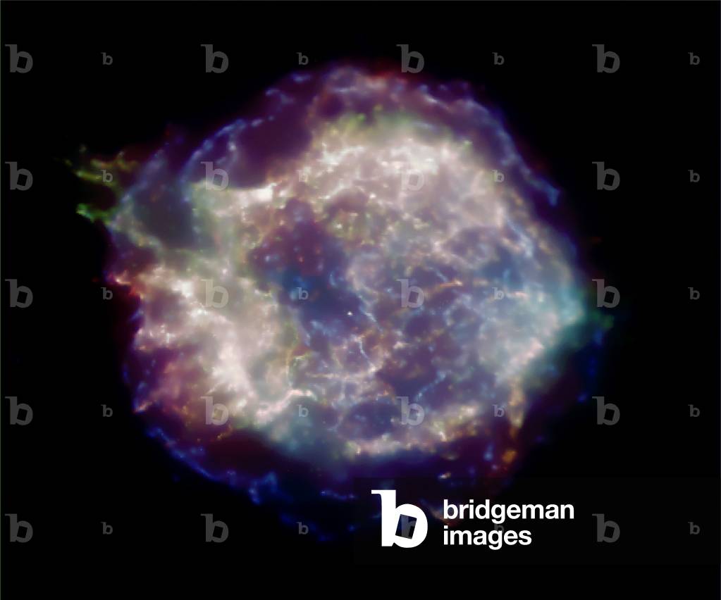 X-ray Cassiopee A supernova remains - Cas A is the remnant of a star that exploded about 300 years ago. The X - ray image shows an expanding shell of hot gas produced by the explosion. This gaseous shell is about 10 light years in diameter, and has a temperature of about 50 million degrees. Cassiopeia A: The 320 year old remnant of a massive star that exploded. Located in the constellation Cassiopeia, it is 10 light years across and 10,000 light years from Earth.The low, medium, and higher X - ray energies of the Chandra data are shown as red, green, and blue respectively