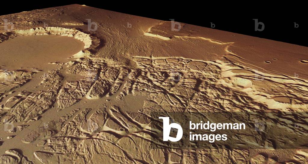 March: chaotic terrain between Kasei Valles and Sacra Fossae - Mars: Chaotic terrain between Kasei Valles and Sacra Fossae - Region bordering Kasei Valles and Sacra Fossae. To the north, the large impact crater is 35 km in diameter. The image covering an area of 225 km by 95 km was obtained by the Mars Express probe. Mars Express flew over the boundary between Kasei Valles and Sacra Fossae and imaged the region, acquiring spectacular views of the chaotic terrain in the area. The images are centred at 12* N/285* E and have a ground resolution of about 21 m/pixel. They cover 225 x 95 km or 21.375 sq km, an area roughly half the size of the Netherlands. The image shows an old 35 km - diameter impact crater in the north. The crater's southwestern rim is eroded strongly, mostly by flowing water. The source of the water was located in Etus Chasma, which lies about 850 km to the southwest. The crater floor and the northwestern part are remarkably flat, formed by sediments and basaltic lava flows from the Tharsis volcanic region