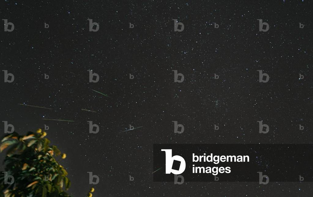 Shooting star rain, Perseides - Perseid meteor shower - Shooting star rain seen August 11, 2008. In the sky, the constellations of Persee and Cassiopee. Composite image of perseid meteors seen on august 11 2008. Above, is the constellation of Cassiopeia, and constellation of Perseus is visible at bottom right