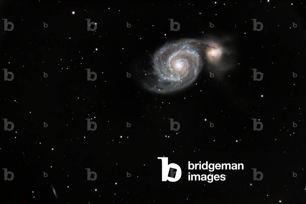 Spiral Galaxy M51 in Hunting Dogs - Spiral galaxy M51 in Canes Venatici - The spiral galaxy M51 (NGC 5194) is located about 37 million years ago - light from Earth. This galaxy is double; two galaxies interact: the largest, NGC 5194, the smallest NGC 5195. Another galaxy far more distant appears at the bottom left of the image. M51 (NGC 5194) is about 37 Mly from Earth and is interacting with its dwarf galaxy companion (NGC 5195)